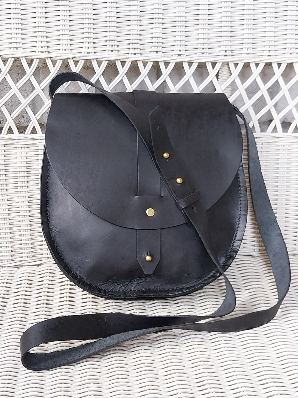 Tribe Alive Black Raw Leather Crossbody Saddle Bag Purse With Brass Detail